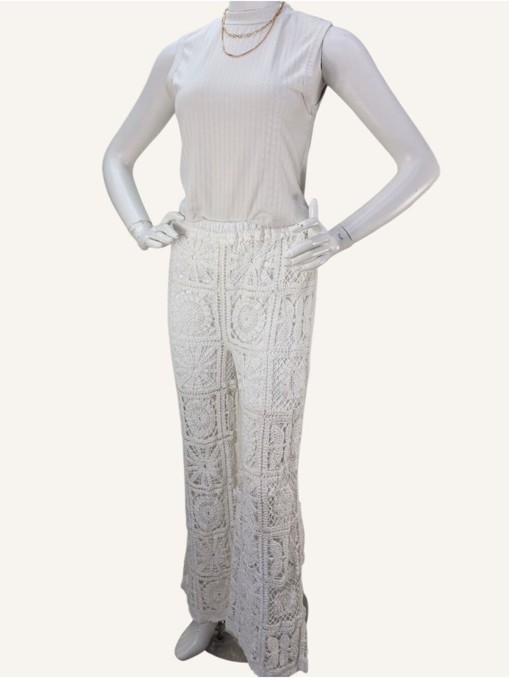 POL Noa Crochet Pants Cloud White Wide Leg Boho Resort Cover Up OS NWT - Picture 2 of 11